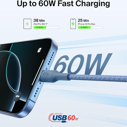 Belkin Apple Certified USB-C to USB-C Braided Nylon Cable 2 Meter | Fast Charging Cable | Type C Charger Cable for iPhone 17, 16, Galaxy S25, Pixel 9, MacBook, iPad Pro | Blue - Openbox