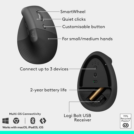 Logitech Wave Keys & Lift Vertical Mouse - Ergonomic Wireless Keyboard and Mouse Combo - with Cushioned Palm Rest, Easy-Switch, Bluetooth, for Multi-OS, Windows/Mac - Graphite - Openbox