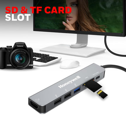 Honeywell 7-in-1 TypeC Docking Station with 4K HDMI,1xUSB 3.0, 2xUSB 2.0 & TypeC 3.0 PD 100W Charging Port, SD & Micro SD Slot,for All Type C Devices- MacBook,Laptop, Thunderbolt 3,PC
