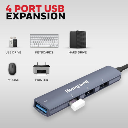 Honeywell Newly Launched 4-in-1 Ultra Slim USB Hub 1xUSB 3.0 & 3 x USB 2.0 Ports, 30cms Cable, DataTransfer Speed Upto 5GBPS - OPENBOX