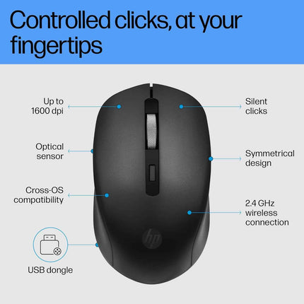 HP S1000 Mouse, 1600 DPI, 2.4Ghz Wireless Connection, Symmetrical Design for Smooth Scrolls, Black - NEW
