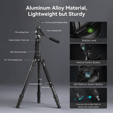 SmallRig CT195 Video Tripod Kit, 73" Camera Tripod with Pan Tilt Fluid Head for Vertical/Horizontal Shooting, Max Load 15kg / 33Ibs for Camcorder, Mirrorless, DSLR - 4307 - Openbox