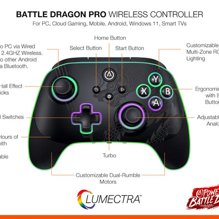 PowerA Battle Dragon™ Pro Wireless Controller with Lumectra for PC & Cloud Gaming: Magnetic Hall Effect, Asymmetric Rumble Motors, 30h Playtime (Not for iOS) - Openbox