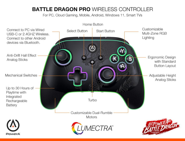 PowerA Battle Dragon™ Pro Wireless Controller with Lumectra for PC & Cloud Gaming: Magnetic Hall Effect, Asymmetric Rumble Motors, 30h Playtime (Not for iOS) - Openbox