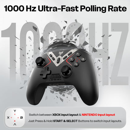 EvoFox One X Wireless Gaming Controller for PC, Switch, Android, iOS & macOS, Tri-Mode, Hall Effect Joysticks & Triggers, On-the-fly 6 Axis Gyro, 1000Hz Polling, Macro buttons, 800mAh Battery (Black)