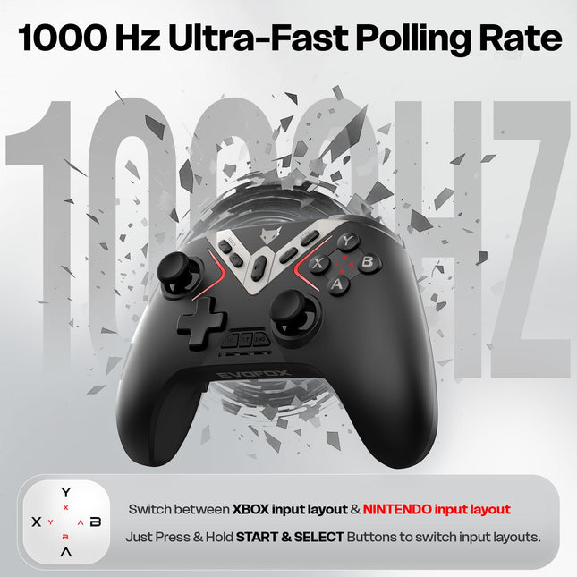 EvoFox One X Wireless Gaming Controller for PC, Switch, Android, iOS & macOS, Tri-Mode, Hall Effect Joysticks & Triggers, On-the-fly 6 Axis Gyro, 1000Hz Polling, Macro buttons, 800mAh Battery (Black)