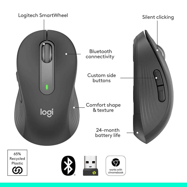 Logitech Signature M650 L Full Size Wireless Mouse - for Large Sized Hands, 2-Year Battery, Silent Clicks, Customisable Side Buttons, Bluetooth - Graphite - Openbox