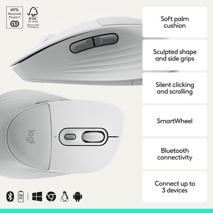 Logitech Signature Comfort Plus M850 L Wireless Mouse, Bluetooth Mouse with Palm Cushion, Silent Clicks, 24-Month Battery, Customizable Buttons, for Windows, Mac, iPad - Off White - OPENBOX