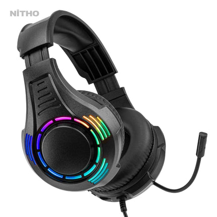 NiTHO SPECTRA STEREO GAMING Wired On Ear Headphones with Noise Canceling Mic & RGB LED Light, Compatible with PC/PS4/PS5/Xbox One/XBOX series X S/Switch/Phones (PC adaptor included) (Black) - Openbox