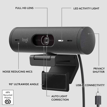 Logitech Brio 500 Full HD Webcam with Auto Light Correction, Show Mode, Dual Noise Reduction Mics, Webcam Privacy Cover, Works with Microsoft Teams, Google Meet, Zoom, USB-C Cable - Openbox