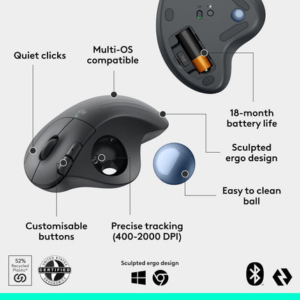 Logitech Ergo M575 Wireless Trackball Mouse - Easy Thumb Control, Precision and Smooth Tracking, Ergonomic Comfort Design, for Windows, PC and Mac with Bluetooth and USB Capabilities - Openbox