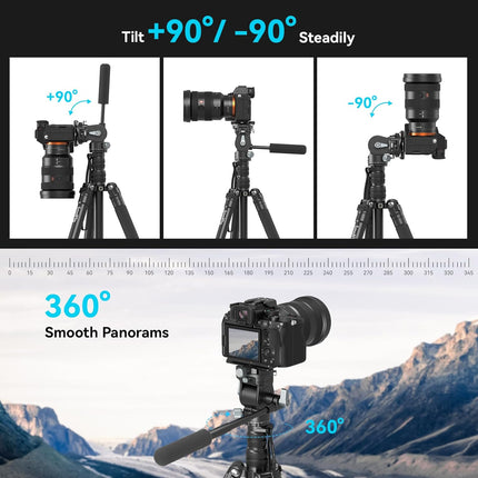 SmallRig CT195 Video Tripod Kit, 73" Camera Tripod with Pan Tilt Fluid Head for Vertical/Horizontal Shooting, Max Load 15kg / 33Ibs for Camcorder, Mirrorless, DSLR - 4307 - Openbox