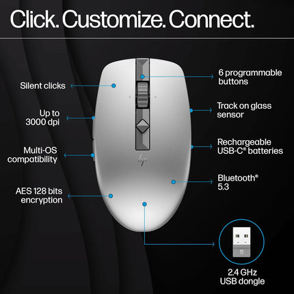 HP 710 Rechargeable Silent Mouse/6 programmable buttons/90-day Rechargeable Battery Life Track-On Glass Sensor(Silver)
