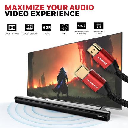 Honeywell HDMI Cable 2.1 with Ethernet, 8k@60Hz, 4k@120Hz UHD Resolution, 48 GBPS Transmission Ultra High Speed, Dolby DTS, eARC,3D - Openbox