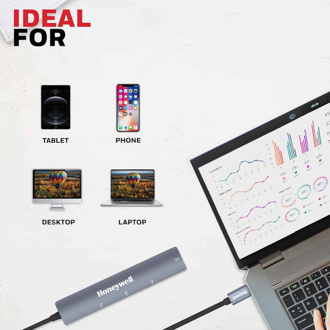 Honeywell Newly Launched 4in1 Ultra Slim Multiport Type C Hub to 1xUSB 3.0 & 3xUSB 2.0 Ports,30cms(1 feet) Cable,DataTransfer Speed Upto 5GBPS,Universally Compatible with All USB,PC,Speaker,Laptop - OPENBOX