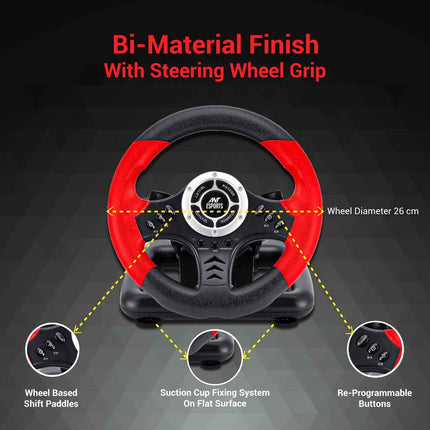 Ant Esports GW170 Racing Steering Wheel with Pedals, 180° Rotation, Compact USB Gaming Wheel for PC, PS4, PS3, Xbox One, Xbox Series X/S, Switch & Android TV (Red/Black) - Openbox