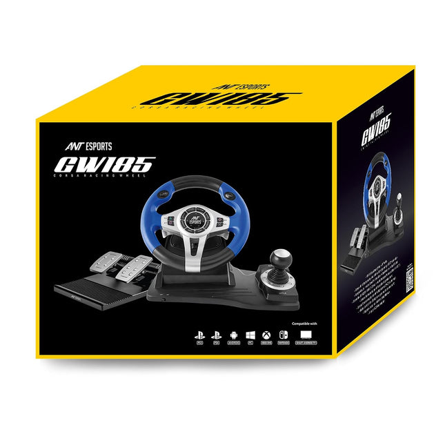 Ant Esports GW185 Racing Wheel 270 Degree Universal USB Powered Car Sim Game Steering Wheel with Gear Shifter and Pedals for PC,Xbox One, PS3, PS4, Switch, Android TV_ Black Blue - OpenBox