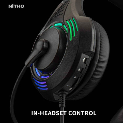 NiTHO SPECTRA STEREO GAMING Wired On Ear Headphones with Noise Canceling Mic & RGB LED Light, Compatible with PC/PS4/PS5/Xbox One/XBOX series X S/Switch/Phones (PC adaptor included) (Black) - Openbox