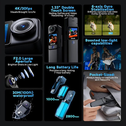 SJCAM C300 4K30fps 20MP Action Camera with Handheld Grip | 6axis gyro, Backup Upto 6 Hours, 1.33in Dual Touch Screen | 2.4G,5G Wi-Fi, Super Night Vision, 30M Waterproof for Live Steaming Vlog | Black -OPENBOX