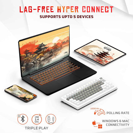 EvoFox Ronin Mechanical Keyboards Wireless (BT+2.4GHz+Wired) 75% Layout, 9 Layer Gasket Structure, 2 Layer Sound Dampening Red Switches, Per-Key RGB, 1000Hz, 4000mah Battery - OPENBOX