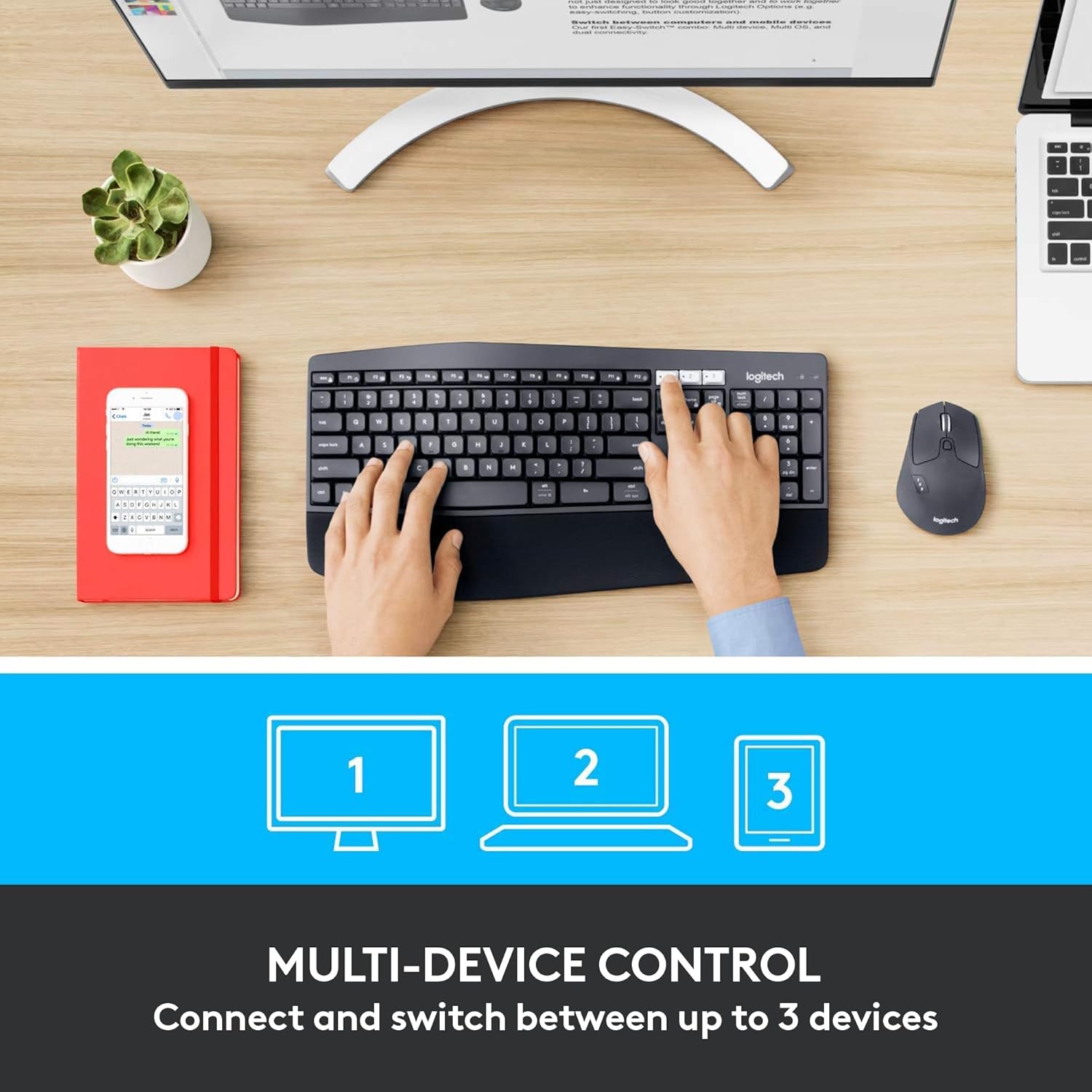 Logitech MK850 Multi-Device Wireless Keyboard and Mouse Set, 2.4GHz Wireless & Bluetooth, Curved Keyframe , 12 Programmable Keys, 3-Year Battery Life, PC/Mac