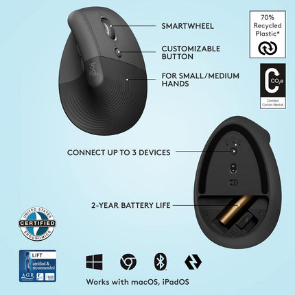 Logitech Lift Vertical Ergonomic Mouse, Wireless, Bluetooth or Logi Bolt USB Receiver, Quiet clicks, 4 Buttons, Compatible with Windows/macOS/iPadOS, Laptop, PC - Openbox