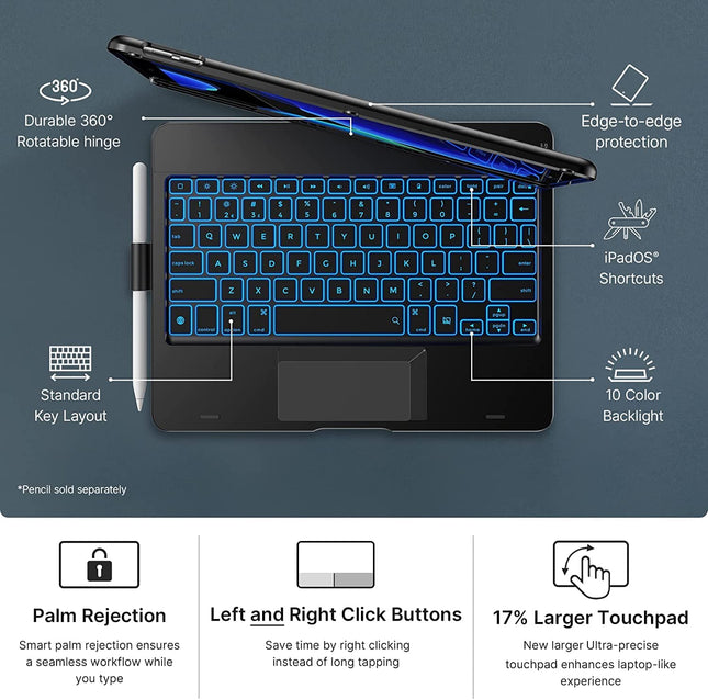 Typecase Flexbook Keyboard for iPad 9th Gen,8th Gen & 7th Gen (10.2 Inch), iPad Air 3, iPad Pro-10.5 Inch, 10 Color Backlight, 360° Rotation, Pencil Holder, Trackpad, Bluetooth - openbox