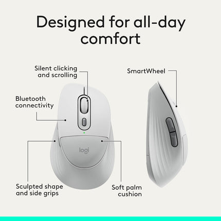 Logitech Signature Comfort Plus M850 L Wireless Mouse, Bluetooth Mouse with Palm Cushion, Silent Clicks, 24-Month Battery, Customizable Buttons, for Windows, Mac, iPad - Off White - OPENBOX