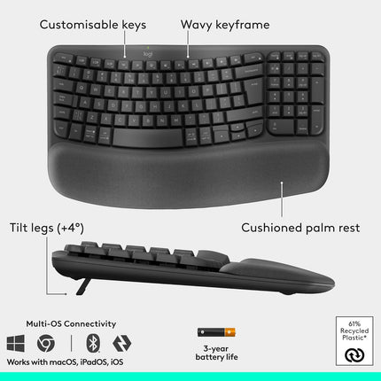 Logitech Wave Keys & Lift Vertical Mouse - Ergonomic Wireless Keyboard and Mouse Combo - with Cushioned Palm Rest, Easy-Switch, Bluetooth, for Multi-OS, Windows/Mac - Graphite - Openbox