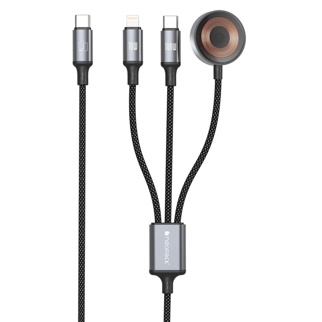 Neopack Smart Link 3in1 Cable with USB-C, Lightning and Apple Watch Connectors 100W Compatible with All Smartphones, iPhones, Tablets, USB-C Enabled Devices and Apple Watch (Black) - NEW