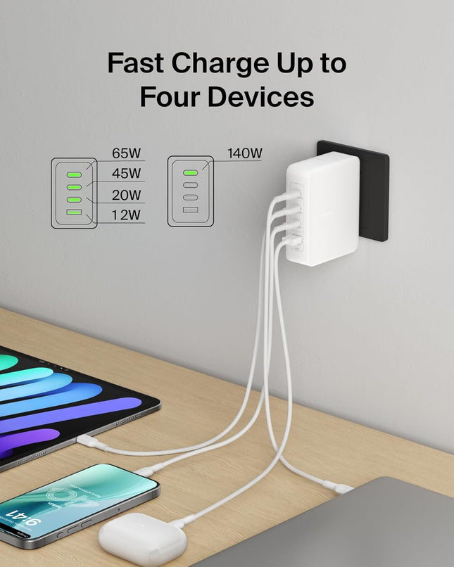Belkin 140W 4-Port GaN Wall Charger | Travel Plug USB -C PD Fast Charge - Openbox