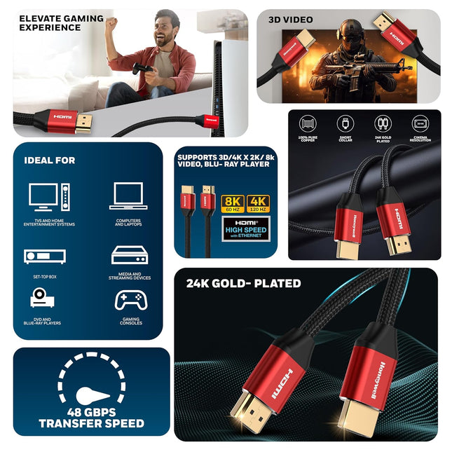 Honeywell HDMI Cable 2.1 with Ethernet, 8k@60Hz, 4k@120Hz UHD Resolution, 48 GBPS Transmission Ultra High Speed, Dolby DTS, eARC,3D - Openbox