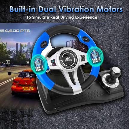 Ant Esports GW185 Racing Wheel 270 Degree Universal USB Powered Car Sim Game Steering Wheel with Gear Shifter and Pedals for PC,Xbox One, PS3, PS4, Switch, Android TV_ Black Blue - OpenBox