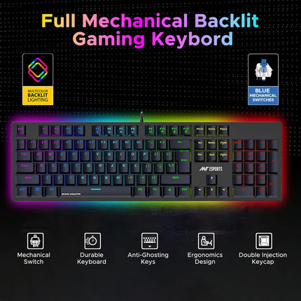 Ant Esports MK3400 V3 Pro Mechanical Gaming Keyboard RGB LED 104 Keys Blue Switch Anti Ghosting Full Size Wired USB PC Keyboard Removable Double Shot Keycaps Ergonomic for PC, Laptop and Mac (Black) - OPENBOX