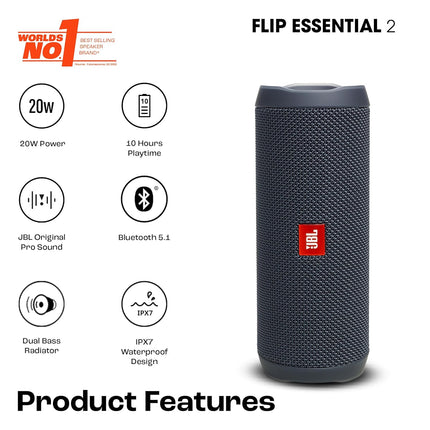 JBL Flip Essential 2, Wireless Portable Bluetooth Speaker with Deep Base, IPX7 Water & Dustproof (Without Mic, Black) - New Sealed Pack