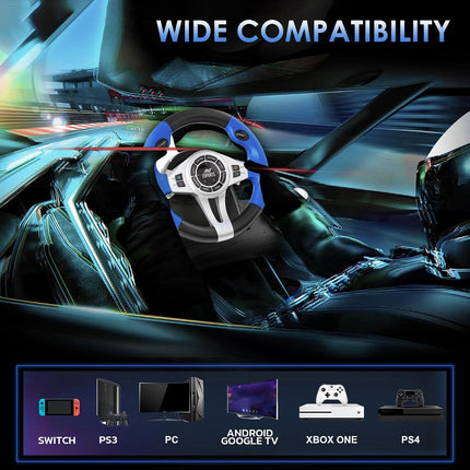 Ant Esports GW185 Racing Wheel 270 Degree Universal USB Powered Car Sim Game Steering Wheel with Gear Shifter and Pedals for PC,Xbox One, PS3, PS4, Switch, Android TV_ Black Blue - OpenBox
