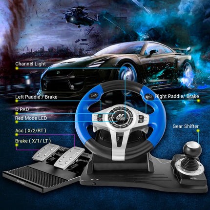 Ant Esports GW185 Racing Wheel 270 Degree Universal USB Powered Car Sim Game Steering Wheel with Gear Shifter and Pedals for PC,Xbox One, PS3, PS4, Switch, Android TV_ Black Blue - OpenBox