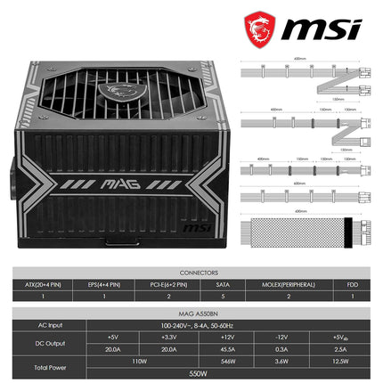 MSI MAG A550BN Gaming Power Supply Unit, 80 Plus Bronze Certified Power Supply, 550 Watt, 12V Single-Rail, DC-to-DC Circuit, 120mm Fan