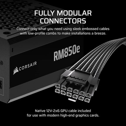 CORSAIR RM850e Fully Modular Low-Noise ATX Power Supply - ATX 3.1 & PCIe 5.1 Compliant - 105°C-Rated Capacitors - Cybenetics Gold Efficiency (Black)