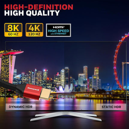 Honeywell HDMI Cable 2.1 with Ethernet, 8k@60Hz, 4k@120Hz UHD Resolution, 48 GBPS Transmission Ultra High Speed, Dolby DTS, eARC,3D - Openbox