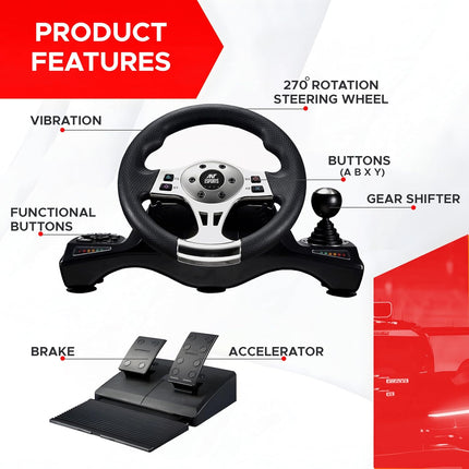 Ant Esports GW190 Racing Steering Wheel with Pedals & Shifter, 270° Rotation, Universal USB, Compatible with PC, PS4, PS3, Xbox One, Xbox Series X/S, Nintendo Switch & Android TV (Black/Silver) - Openbox