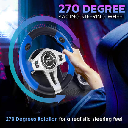 Ant Esports GW185 Racing Wheel 270 Degree Universal USB Powered Car Sim Game Steering Wheel with Gear Shifter and Pedals for PC,Xbox One, PS3, PS4, Switch, Android TV_ Black Blue - OpenBox