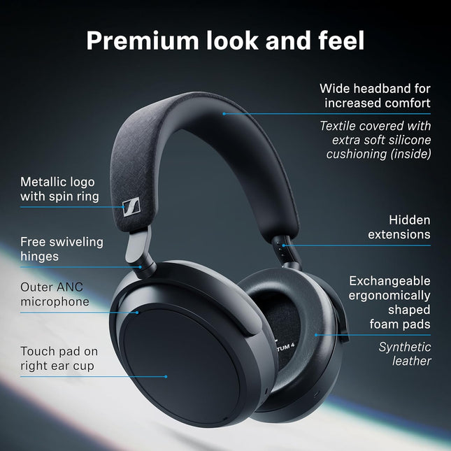 Sennheiser Momentum 4 Wireless Over Ear Headphones, German Design, ANC, 60h Battery, Customizable Sound, 4 Digital Mics for Crystal-Clear Calls, Multipoint Connectivity, 1 Yr Warranty, Black - OPENBOX