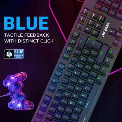 Ant Esports MK3400 V3 Pro Mechanical Gaming Keyboard RGB LED 104 Keys Blue Switch Anti Ghosting Full Size Wired USB PC Keyboard Removable Double Shot Keycaps Ergonomic for PC, Laptop and Mac (Black) - OPENBOX