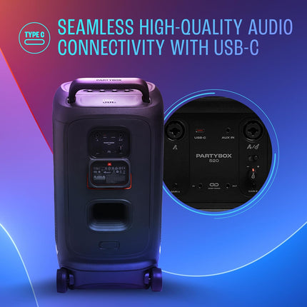 JBL Partybox 520 Wireless Bluetooth Party Speaker, Electrifying AI Sound Boost, Upto 15Hrs Playtime, Replaceable Battery, Multispeaker Connection by Auracast-, PartyBox App-Black - NEW