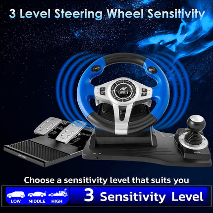 Ant Esports GW185 Racing Wheel 270 Degree Universal USB Powered Car Sim Game Steering Wheel with Gear Shifter and Pedals for PC,Xbox One, PS3, PS4, Switch, Android TV_ Black Blue - OpenBox