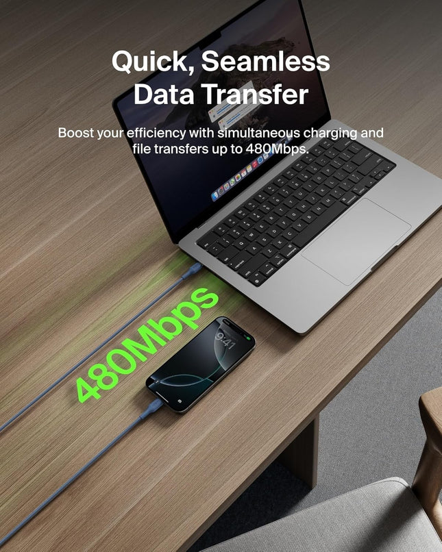 Belkin Apple Certified USB-C to USB-C Braided Nylon Cable 2 Meter | Fast Charging Cable | Type C Charger Cable for iPhone 17, 16, Galaxy S25, Pixel 9, MacBook, iPad Pro | Blue - Openbox