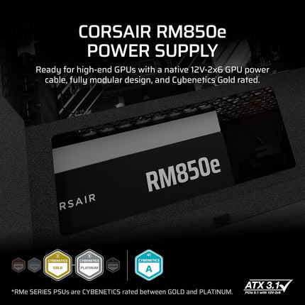 CORSAIR RM850e Fully Modular Low-Noise ATX Power Supply - ATX 3.1 & PCIe 5.1 Compliant - 105°C-Rated Capacitors - Cybenetics Gold Efficiency (Black)