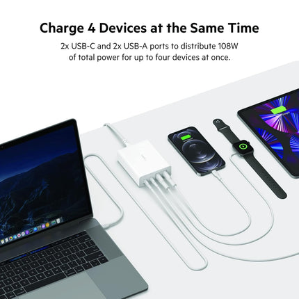 Belkin 4-Port 108W - GaN Charger | USB -C PD Fast Charge & USB-A Ports - NEW