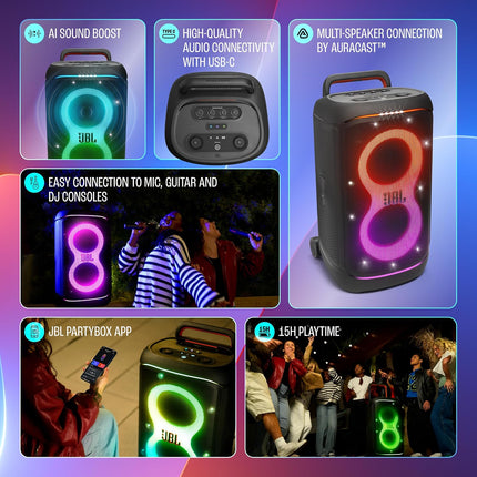 JBL Partybox 520 Wireless Bluetooth Party Speaker, Electrifying AI Sound Boost, Upto 15Hrs Playtime, Replaceable Battery, Multispeaker Connection by Auracast-, PartyBox App-Black - NEW